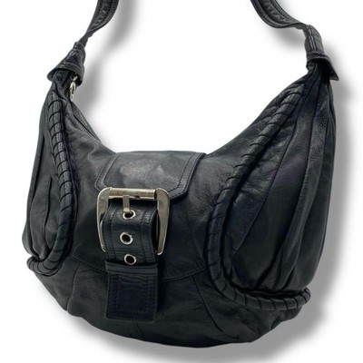 Celine Buckle Women's Shoulder Bag Crescent Leather Black Authentic Vintage