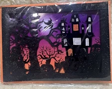 Papyrus Halloween Card 2015 Accordian Style Laser Cut Black Glitter Tree Witch