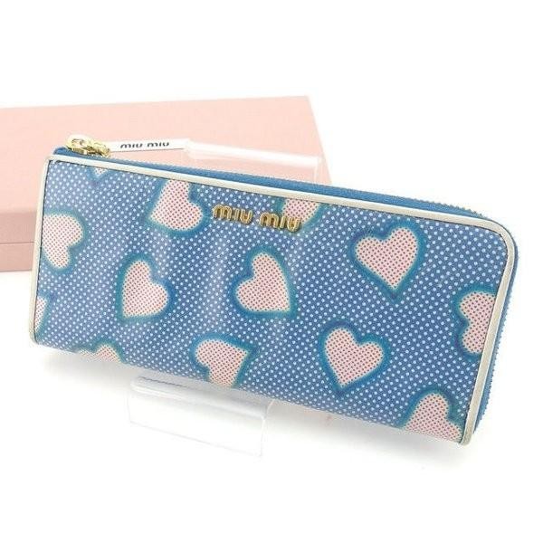 Miu Miu Long Wallet L-shaped zipper Ladies Dot x Heart Blue