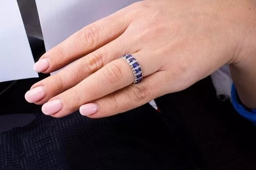 Radiant Cut Simulated Blue Tanzanite Wedding Band Ring In 14k White Gold Plated - Picture 3 of 5