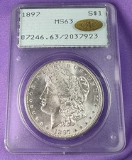 1897 Morgan Silver Dollar PCGS MS 63 in an Old PCGS Rattler Gold CAC Stickered!