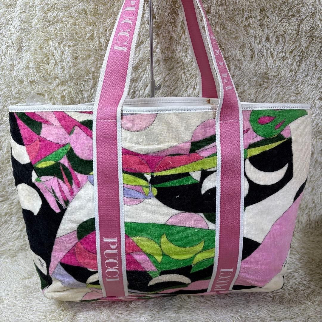 Emilio Pucci Tote Bag Terry Cloth Multicolor Print Logo Strap