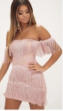 PrettyLittleThing Pink Lace Fringe Off-Shoulder Bodycon Dress size 8