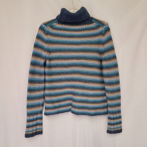 VTG 2001 Gap Wool Blend Blue Stripe Chunky Knit Turtleneck Sweater Y2K Wmn's L - Picture 5 of 7