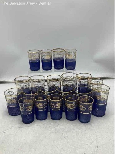 Blue Clear Danube Gold Tone Trim Round Drinking Glasses Set Of 21