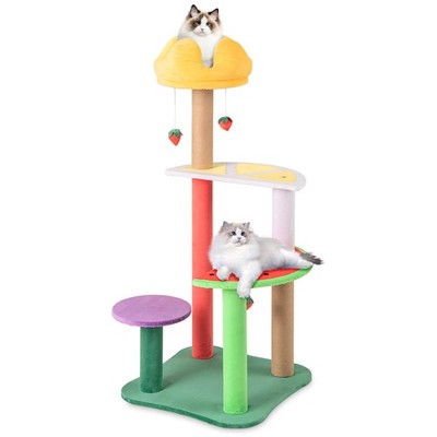 45'' Tall Cat Tree w/Plush Padded Top Perch Fruit-Shaped Platforms Dangling Balls