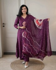 Women's Jaipuri Pure Cotton Kurta Pant Set with Dupatta, Handwork Neck Indian Et