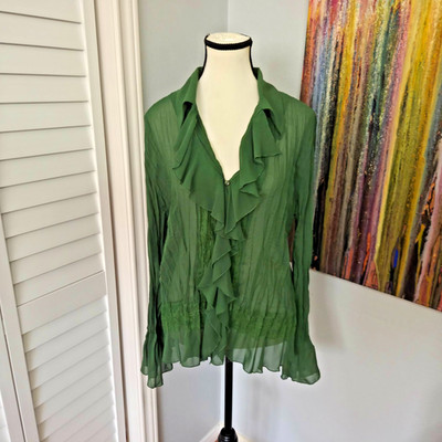 Notations Women L Green Sheer Ruffle Blouse Pleated Lace Trim Boho Y2K Top