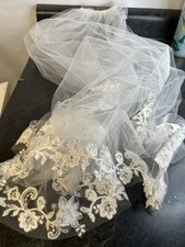 wedding veil with comb 38  Long Beaded Floral Lace White