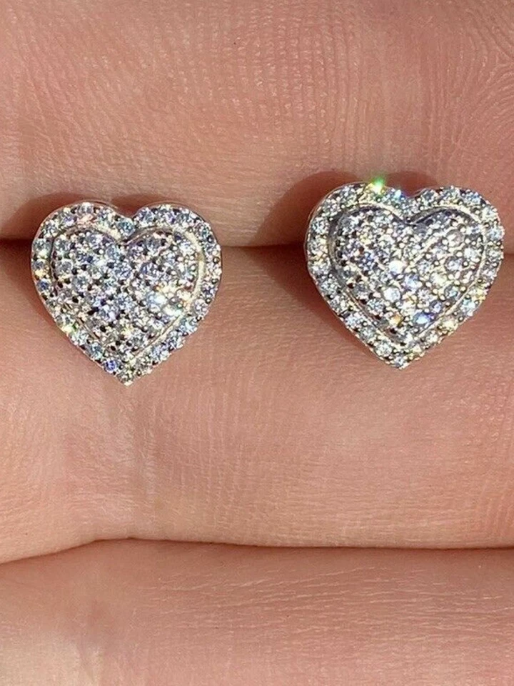 Solid 925 Sterling Silver Real Iced Heart Stud Earrings Moissanite Passes Tester - Image 2 of 4