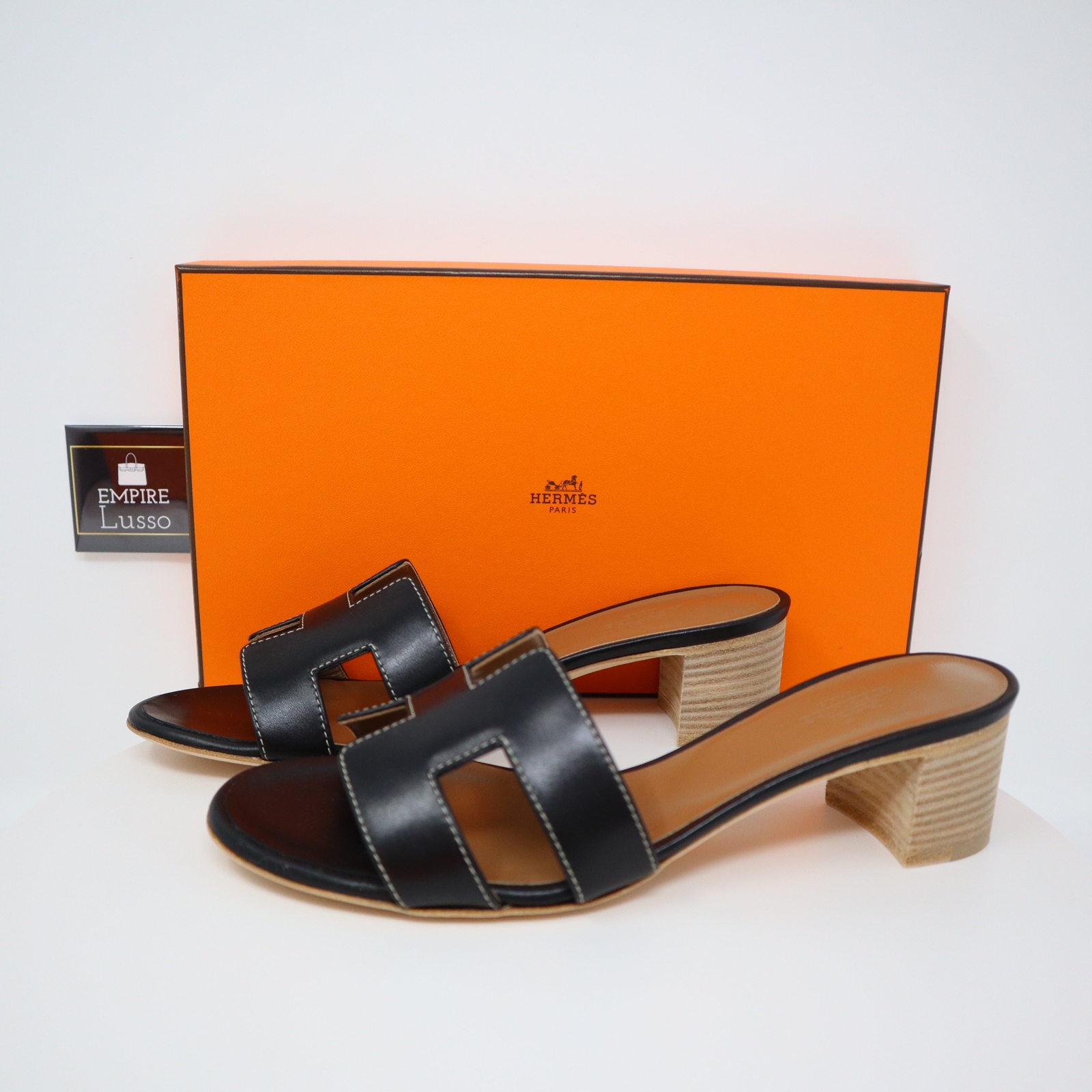 37.5 HERMES ORAN OASIS H SANDALS HEEL CLASSIC CALFSKIN BLACK image 8