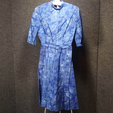 1950s Vintage Cobalt Blue Watercolor Rose Taffeta Circle Dress with Belt