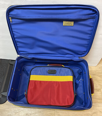 Vintage 90s Jaguar Rolling Carry-on Suitcase. Blue Red Yellow