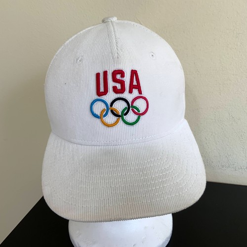 VTG Authentic USA Olympics Logo Hat White Corduroy Team Apparel Cotton Strapback