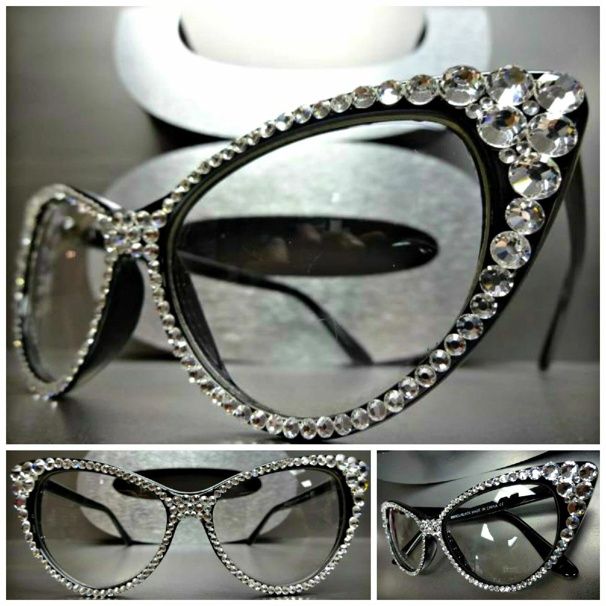 Women's VINTAGE 60s RETRO CAT EYE Style Clear Lens EYE GLASSES Crystals  Handmade