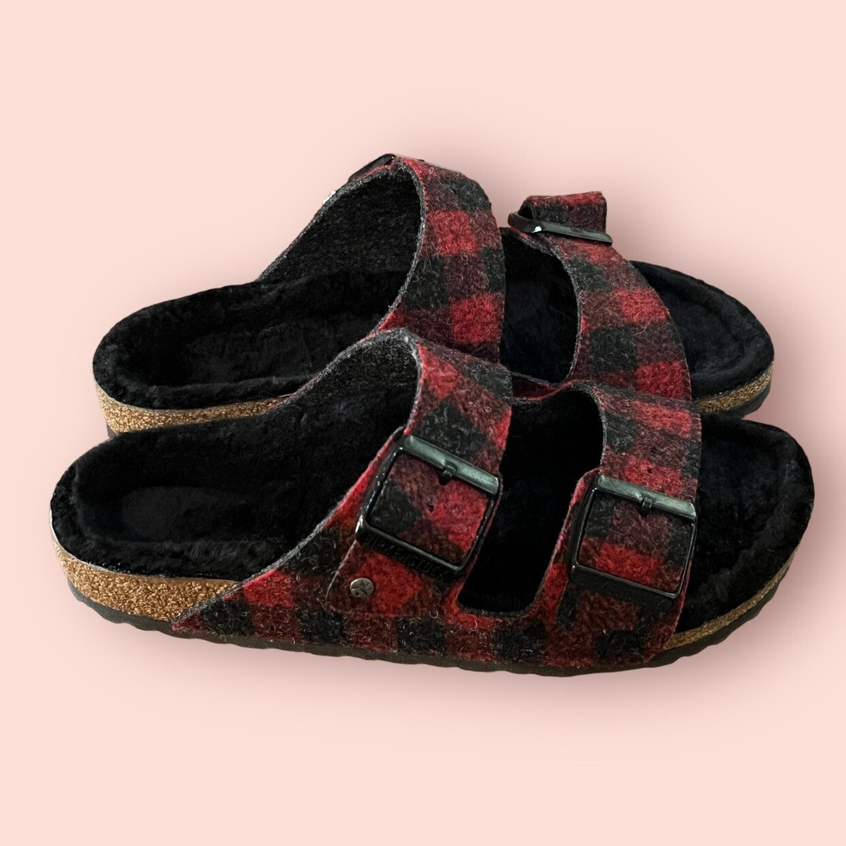 Birkenstock Arizona Rivet Fur Shearling Plaid Sandal (Red  display picture 1