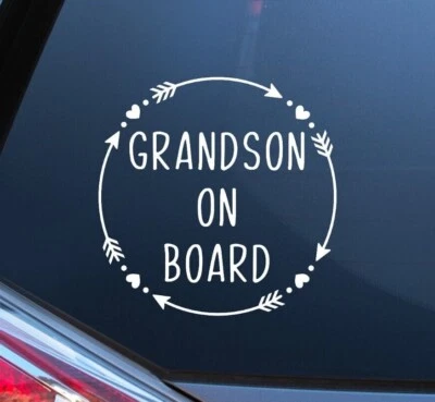 Grandson on Board Car Window Sticker Vinyl Decal Child Van Sign Hearts & Arrows