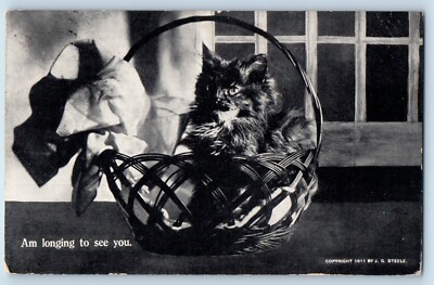 Steele Signed Artist Postcard Cat Kitten On The Basket Am Longing To See You