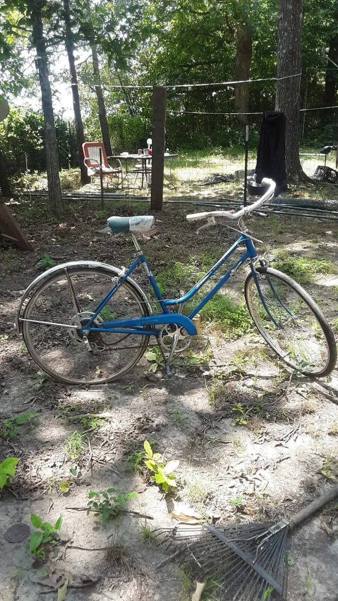 1965 blue collegiate schwinn woman s 5 speed Cruiser bicycle