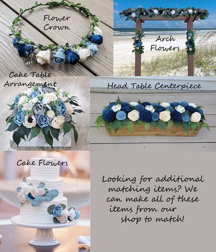 Pink Navy Dusty Blue Cascade Bridal Bouquet Artificial Sola Wood Wedding Flowers - Picture 3 of 3