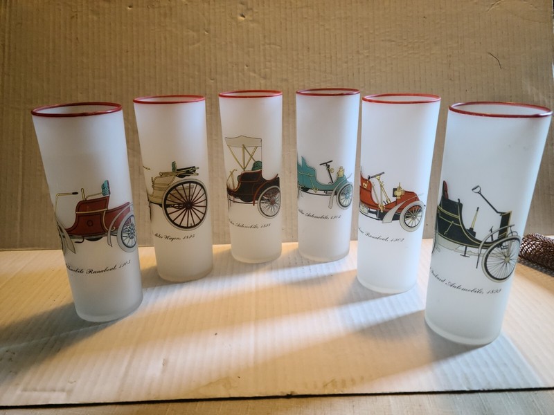 set 6 LIBBEY Frosted Tom Collins Glasses Barware Antique Automobile Cars