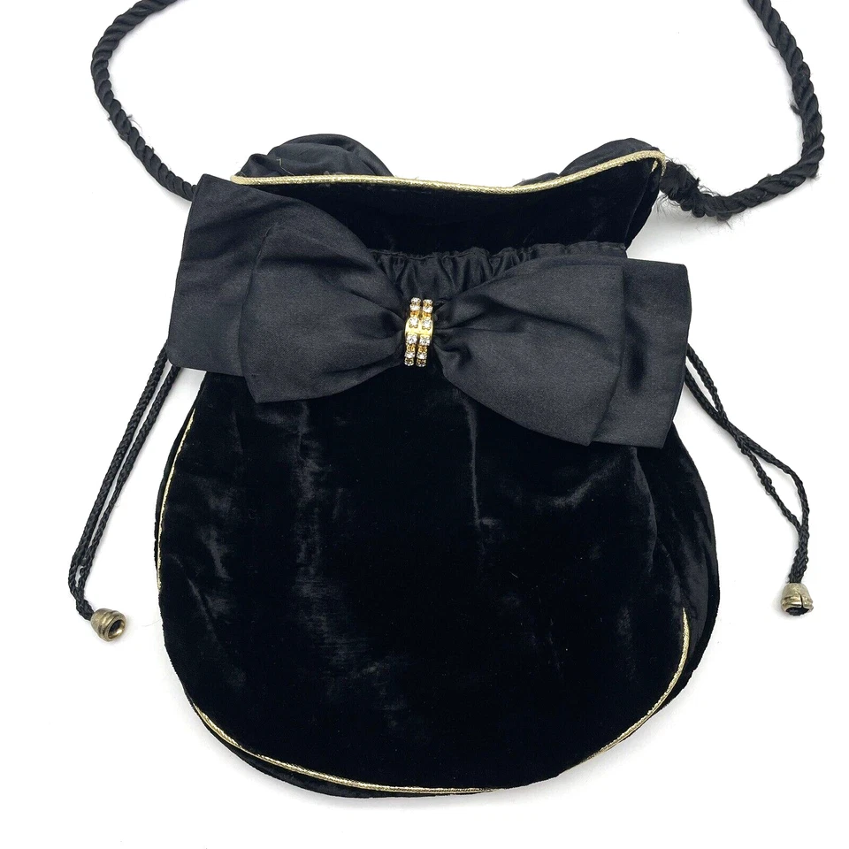 Bolso de Hombro Vintage Años 70 Terciopelo Negro Borde Dorado Lazo de Seda Estrás Cordón Foto 2 de 4