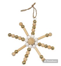 Wooden Gold Tone White Bead Snowflake Christmas Tree Ornament CL6