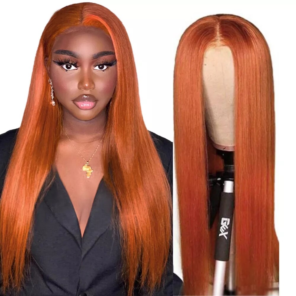 Long Silky Straight Lace Front Wigs Copper Orange Synthetic  display picture 3