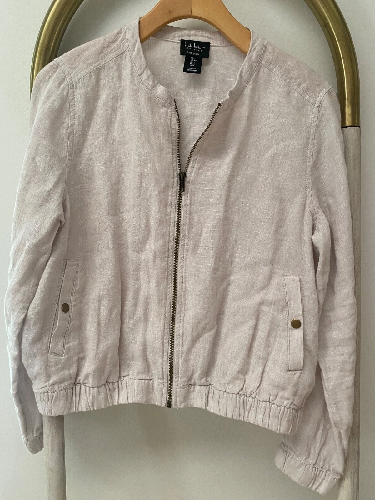 OFF WHITE Giacca bomber Nicole Miller NY 100% lino con cerniera bianco sporco costa terrestre taglia S