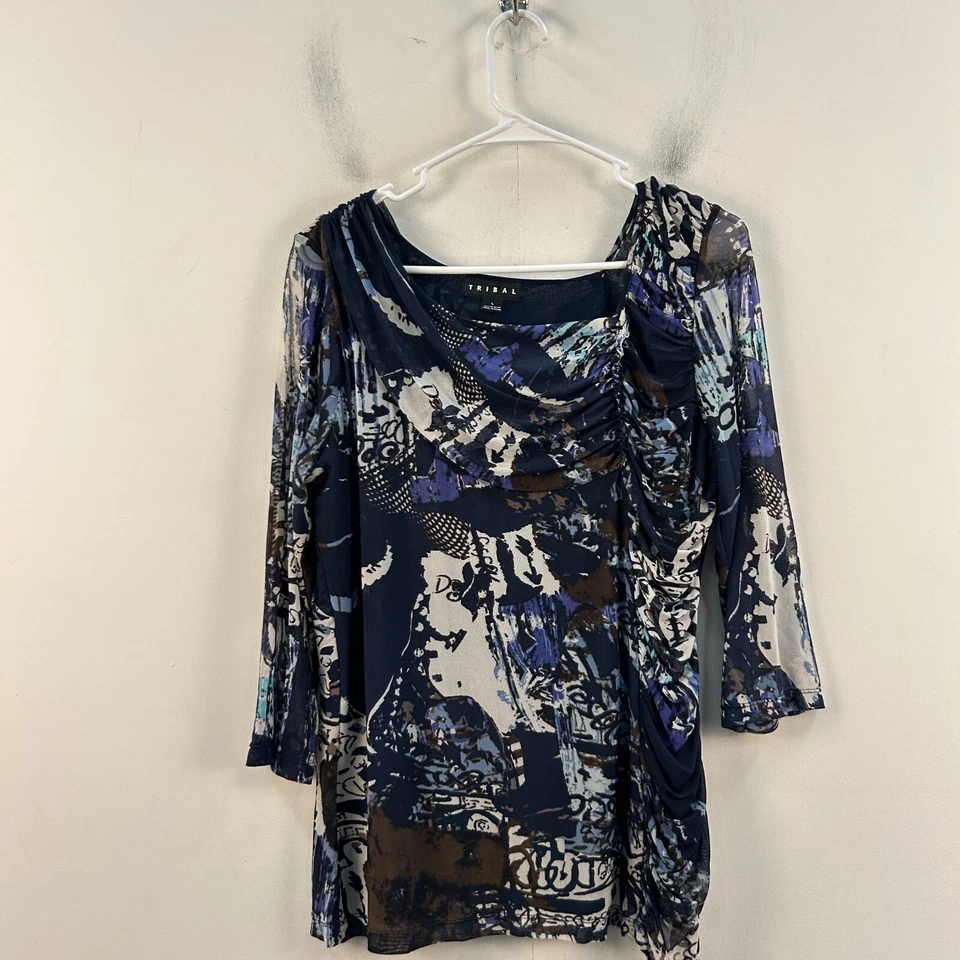 Blusa grande tribal para mujer Top azul negro malla manga 3/4 pulóver forrado 23171 Foto 2 de 4