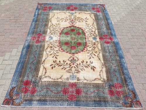 Vintage Turkish Handmade Area Rug Large Floor Carpet Blue Wool Home Rug 80"X119"