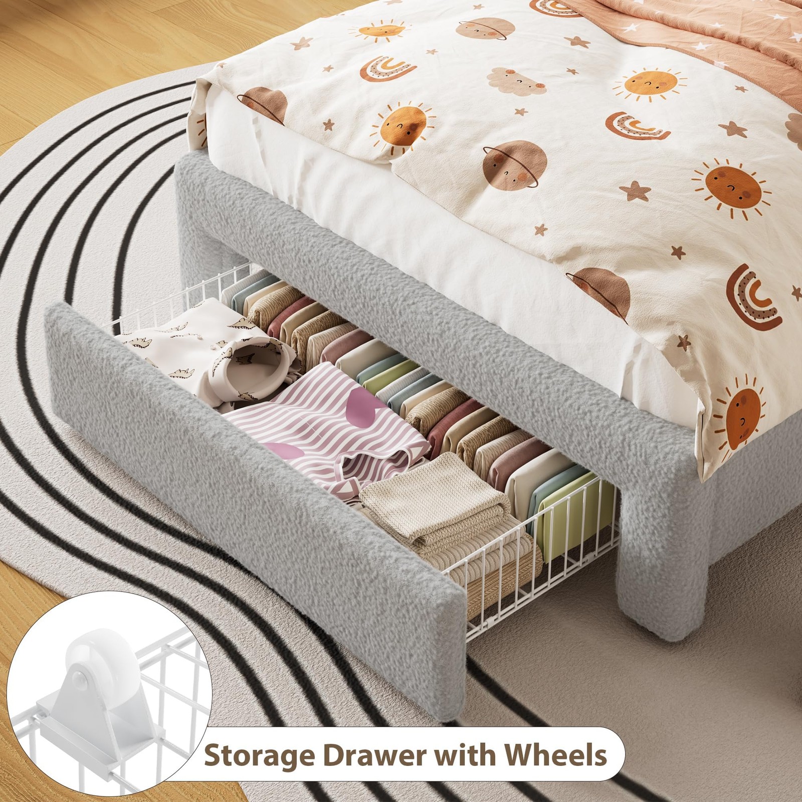 LED Twin Bed Frame Upholstered Platform w/ Storage Headboard for Kids Girls Boys