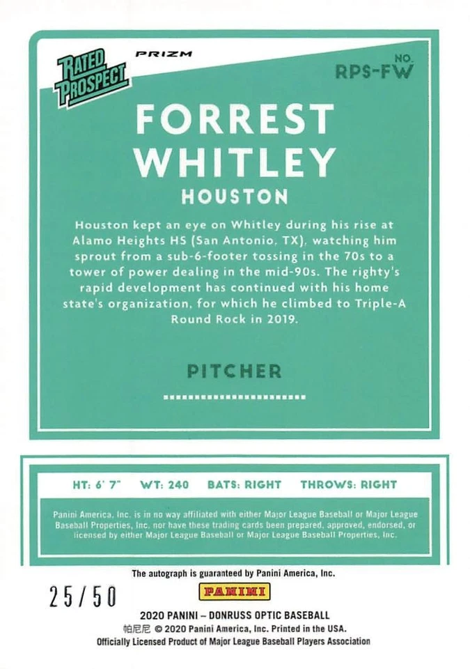 FORREST WHITLEY 2020 Donruss Optic RATED PROSPECT BLUE PRIZM AUTO 25/50 - Image 2 of 2