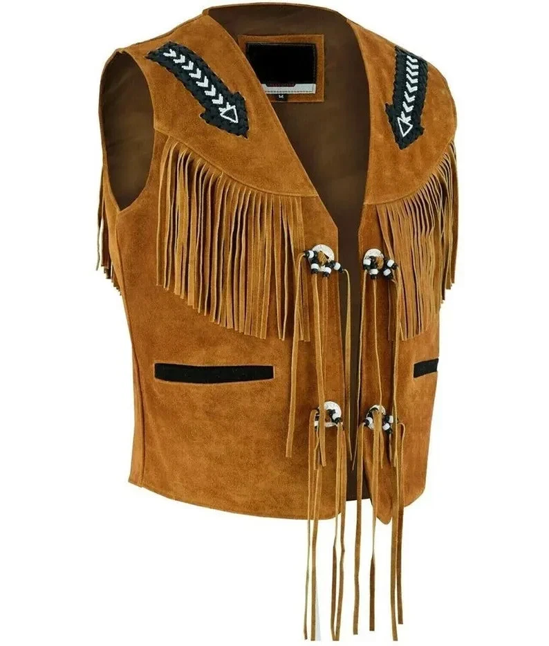 Men’s Tan Brown Fringes Western Cowboy V-Neck Suede Vest Real Suede Fringe Jacke - Image 2 of 4