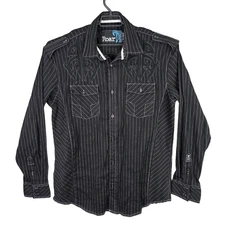 Mens Roar Black Pinstripe Western Shirt Long Sleeve Front Pockets Size XL