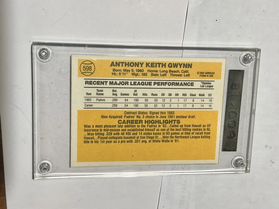 Tony Gwynn 1983 Donruss #598 Novato San Diego Padres Salón de la fama RC Porta tornillos Foto 3 de 4