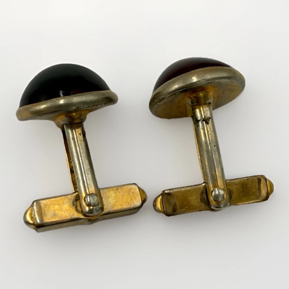 Vtg Swank USA Gold Tone Cufflinks Ruby Red Cabochon Mid-Century - Image 3 of 4