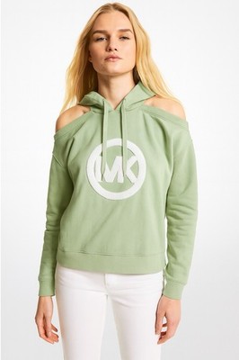 Michael Kors Sage Green Cold Shoulder Hoodie - Logo Cotton Blend Cutout Hoodie