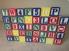 Vintage Wooden Letter ABC Blocks Mixed 39 Pc Numbers Pictures Wood Crafts 1 1/8"