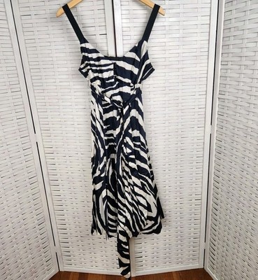 Zara Basic Zebra Dress Black White Size L Sleeveless Knee Length Belt A Line