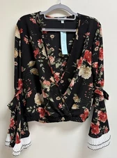 Envision Studio Floral Wrap Blouse Womens Medium Black Red Bell Sleeve Top