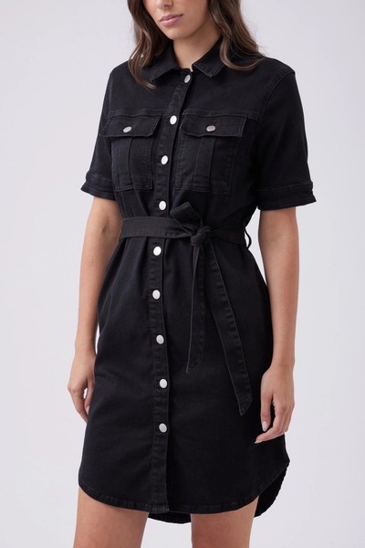 Decjuba 8 Piper Button Down Denim Dress Black Waist Tie Pockets Winter Outdoors