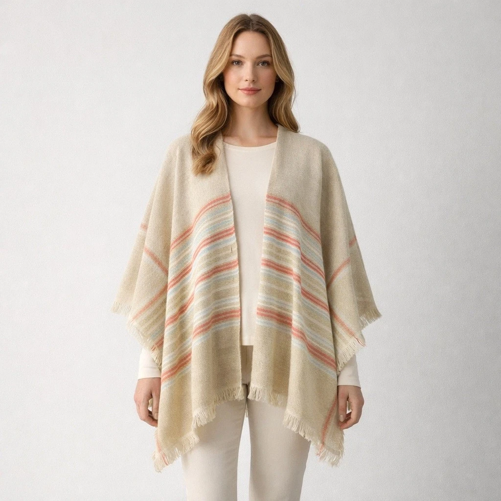 Echo Neutral Stripe Fringe Ruana Shawl Wrap Open Poncho One Size