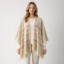 Poncho Echo Ruana envolvente para mujer talla única rayas neutras flecos capa kimono chal