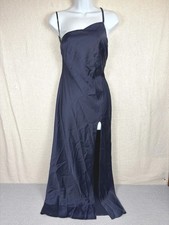 ASOS Design Womens One Shoulder Maxi Dress UK 8 Navy Blue Satin High Slit Gown
