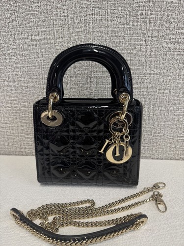 Authentic Christian Dior Lady Dior Mini Black Patent Leather