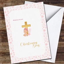 Biglietto Personalizzato Fiori Rosa Battesimo Croce Dorata e Bimba Bambina