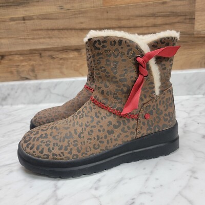Women's 6M I Heart UGG Knotty Brown Red Leopard Suede Low Boots Faux Fur Lined