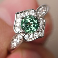Round Cut lab created Green Sapphire Double Heart Silver Floral Engagement rings