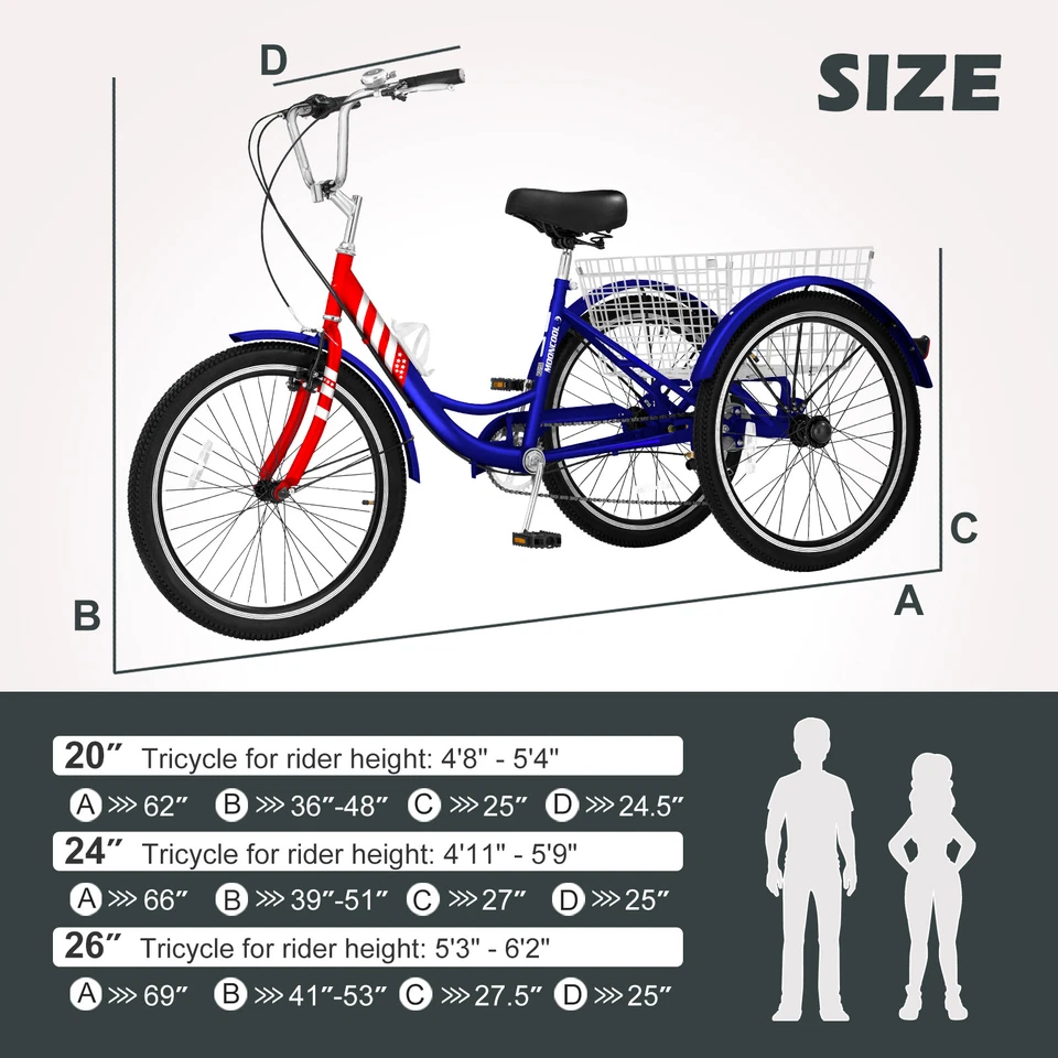Triciclo 7 velocidades 3 rodas cruzador bicicleta 24 polegadas ao ar livre feminina masculina bicicleta com cesta - Imagem 2 de 4